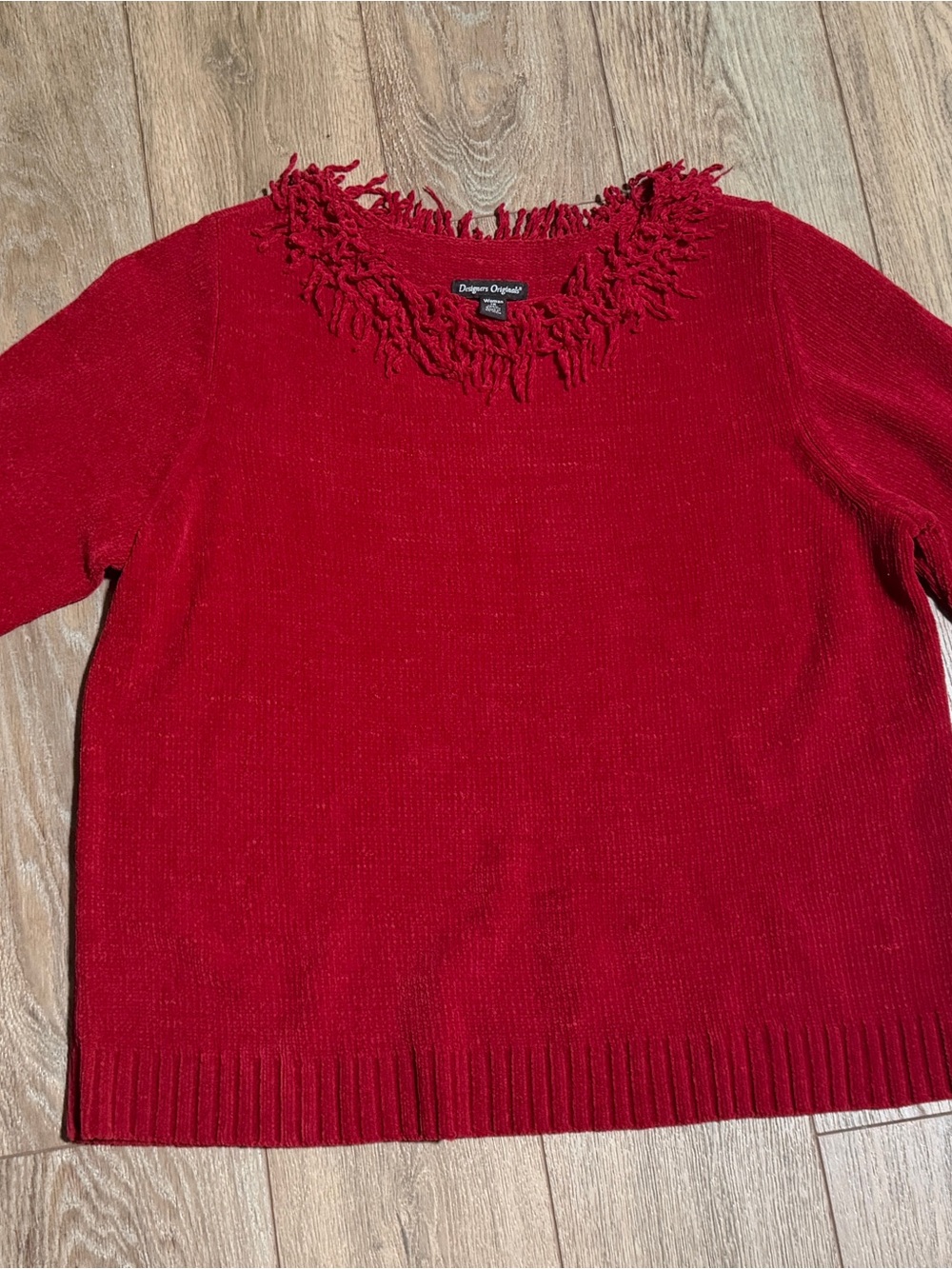 Designers Originals Red Fringe-Neck Crew Sweater